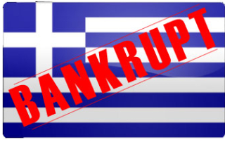 Greek flag with bankrupt written on it
